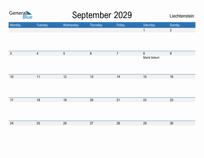 Fillable September 2029 Calendar