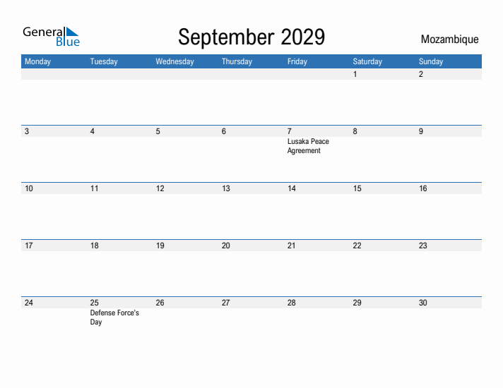 Fillable September 2029 Calendar