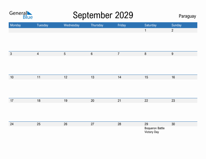 Fillable September 2029 Calendar