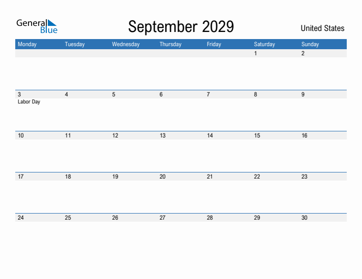 Fillable September 2029 Calendar