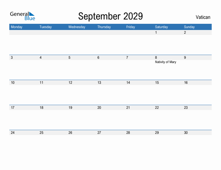 Fillable September 2029 Calendar