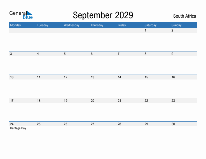 Fillable September 2029 Calendar