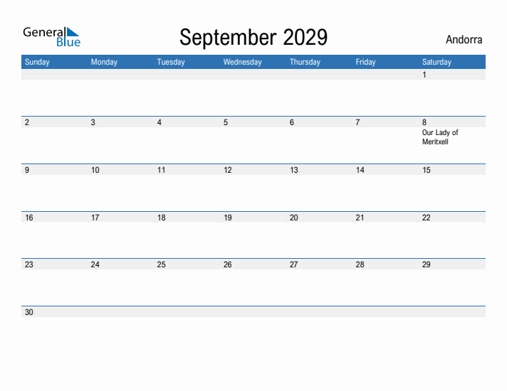 Fillable September 2029 Calendar