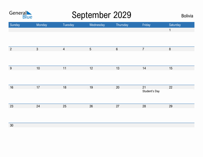 Fillable September 2029 Calendar