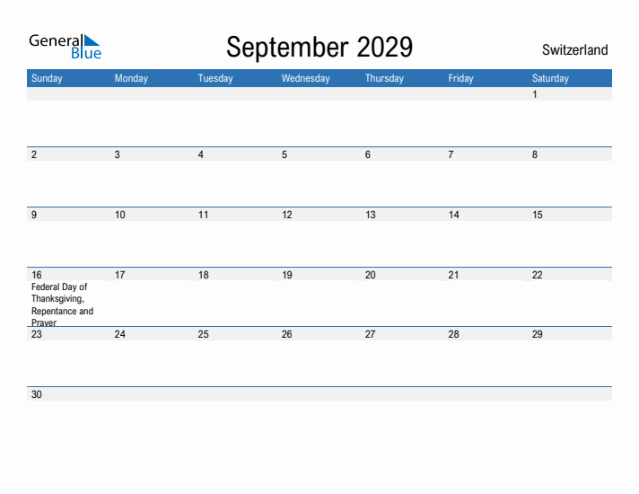 Fillable September 2029 Calendar