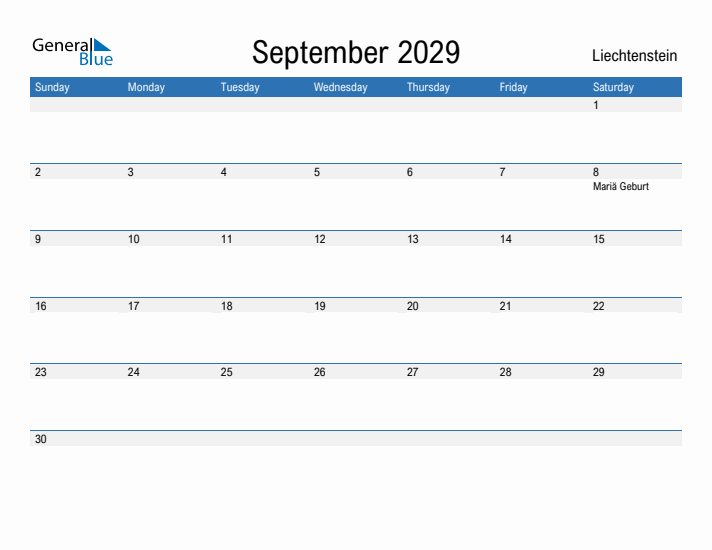 Fillable September 2029 Calendar