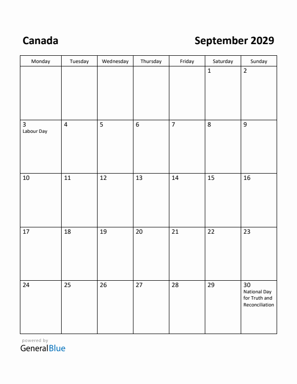 September 2029 Calendar with Canada Holidays