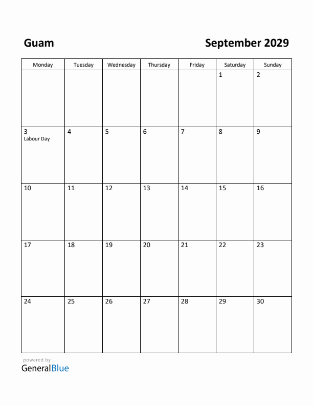 September 2029 Calendar with Guam Holidays