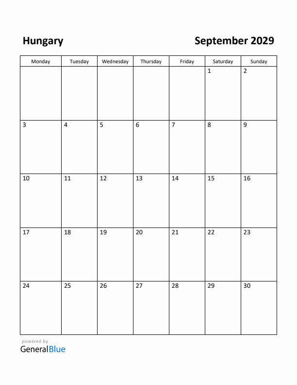 September 2029 Calendar with Hungary Holidays