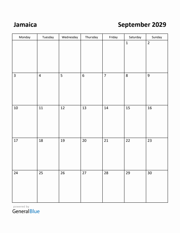 September 2029 Calendar with Jamaica Holidays