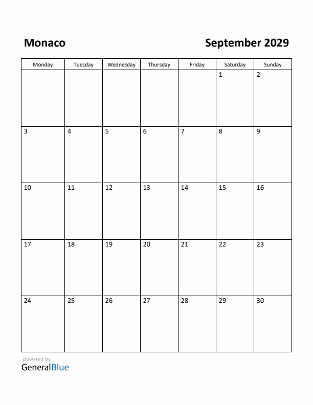 September 2029 Calendar with Monaco Holidays