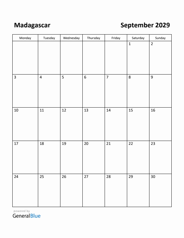 September 2029 Calendar with Madagascar Holidays