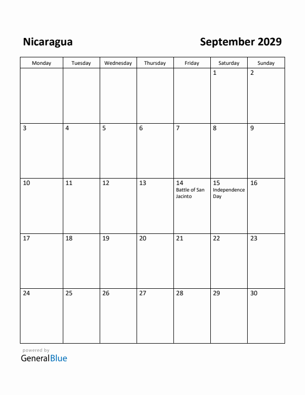 September 2029 Calendar with Nicaragua Holidays