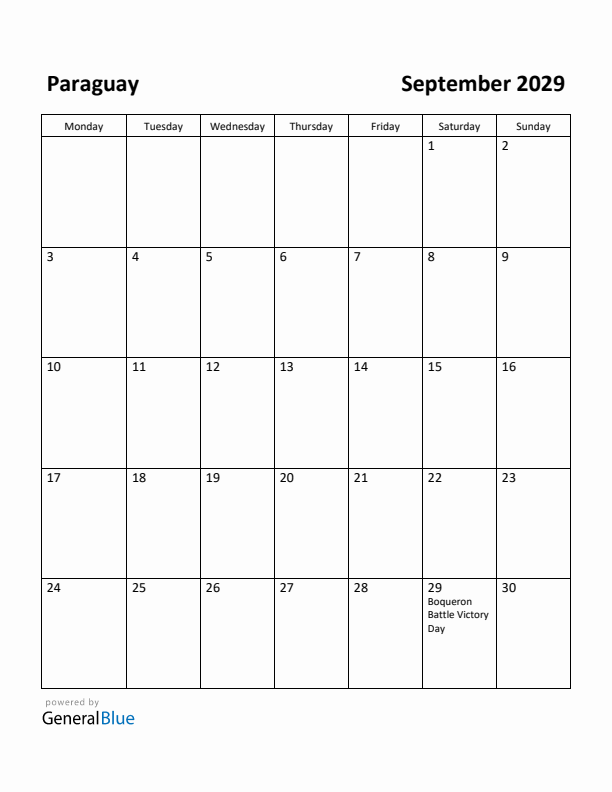 September 2029 Calendar with Paraguay Holidays