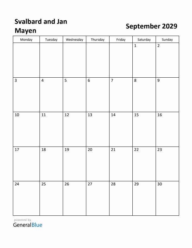 September 2029 Calendar with Svalbard and Jan Mayen Holidays