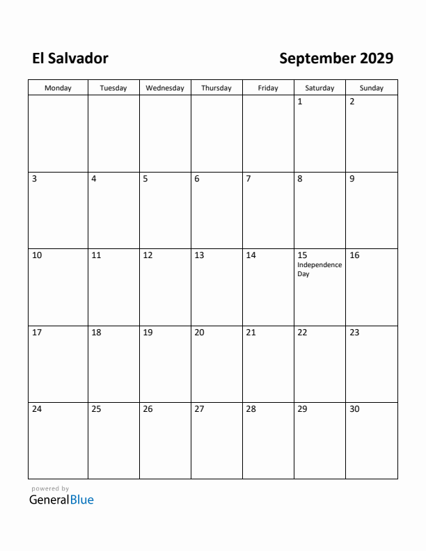 September 2029 Calendar with El Salvador Holidays