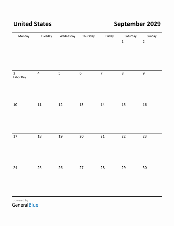 September 2029 Calendar with United States Holidays