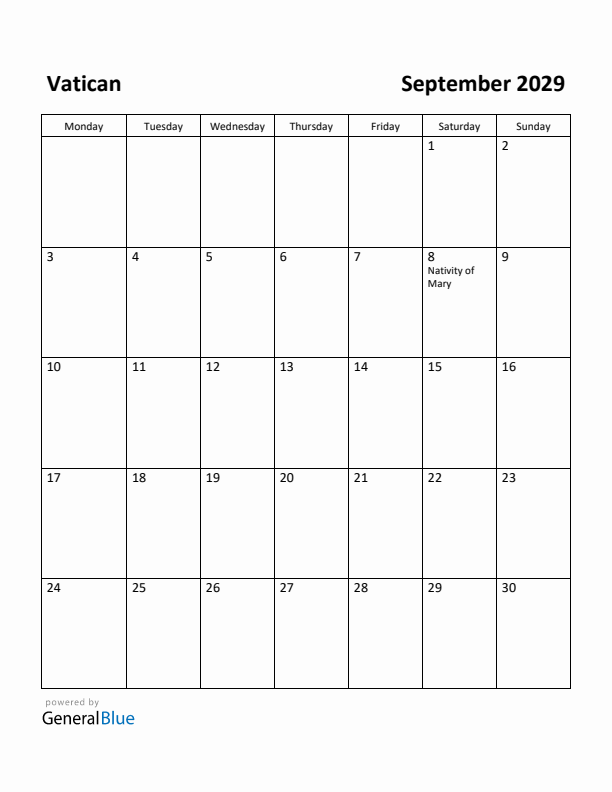 September 2029 Calendar with Vatican Holidays