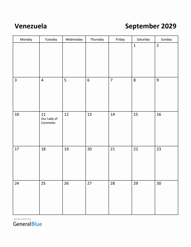 September 2029 Calendar with Venezuela Holidays