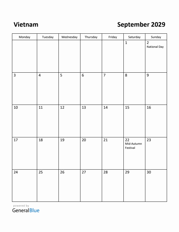 September 2029 Calendar with Vietnam Holidays