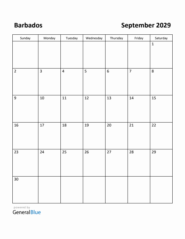 September 2029 Calendar with Barbados Holidays