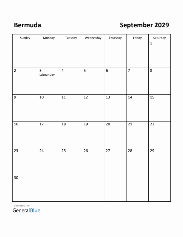 September 2029 Calendar with Bermuda Holidays