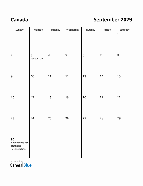 September 2029 Calendar with Canada Holidays