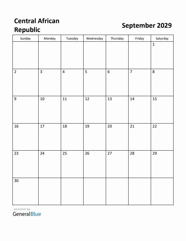 September 2029 Calendar with Central African Republic Holidays