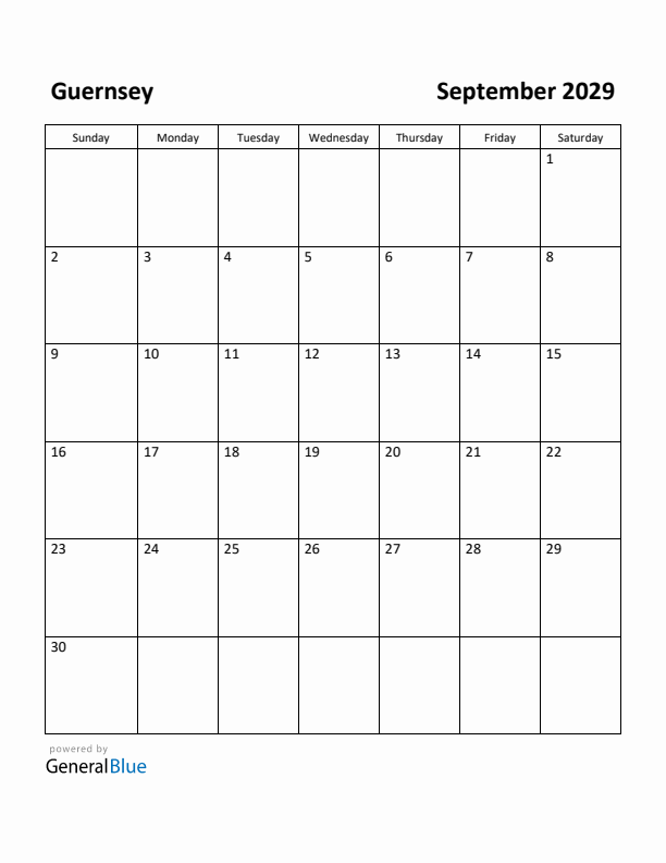 September 2029 Calendar with Guernsey Holidays