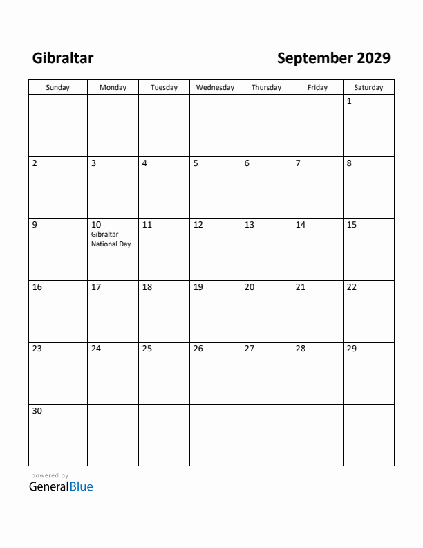 September 2029 Calendar with Gibraltar Holidays