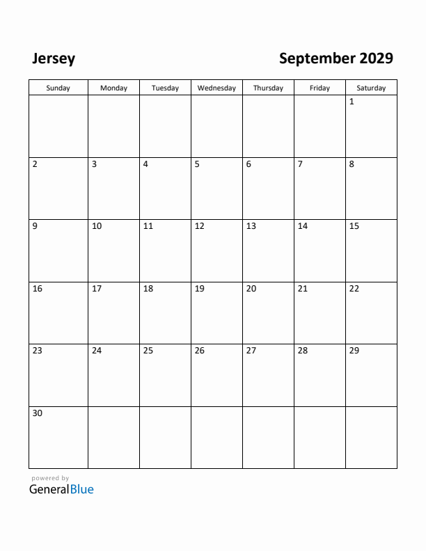 September 2029 Calendar with Jersey Holidays