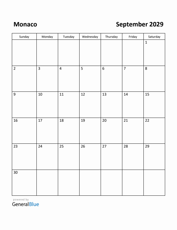 September 2029 Calendar with Monaco Holidays