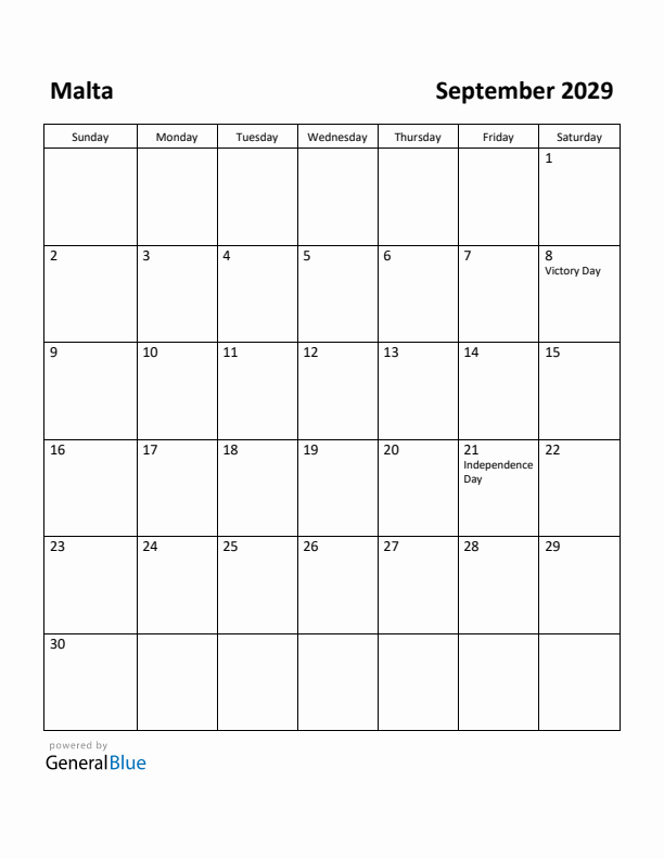 September 2029 Calendar with Malta Holidays