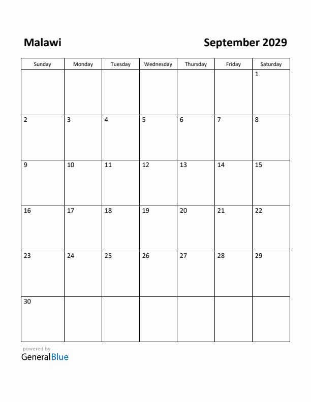 September 2029 Calendar with Malawi Holidays