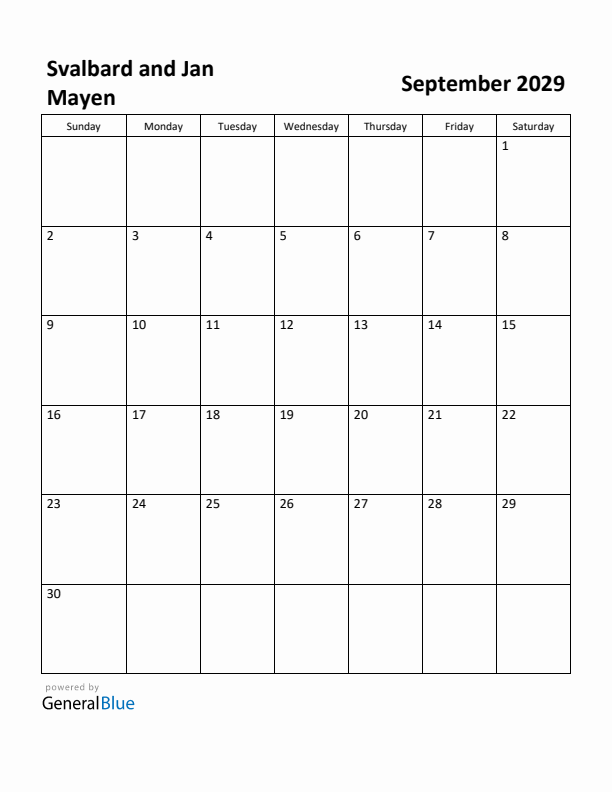 September 2029 Calendar with Svalbard and Jan Mayen Holidays