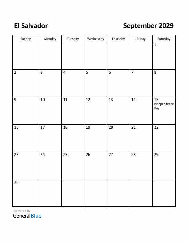 September 2029 Calendar with El Salvador Holidays