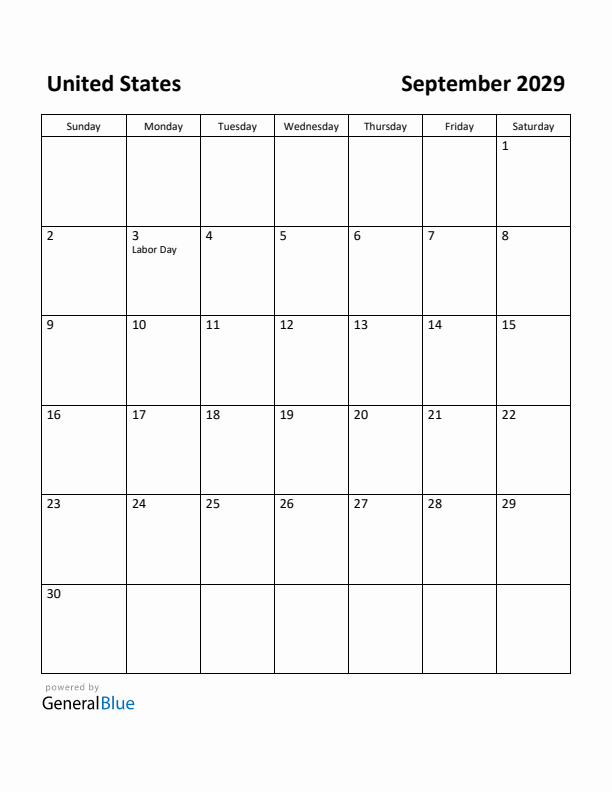 September 2029 Calendar with United States Holidays