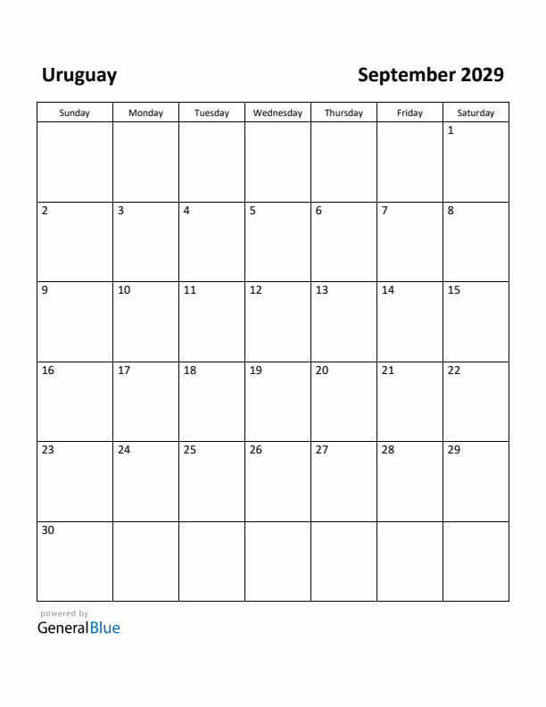 September 2029 Calendar with Uruguay Holidays