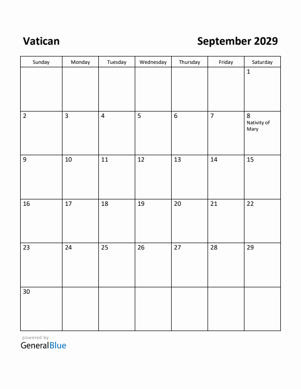 September 2029 Calendar with Vatican Holidays