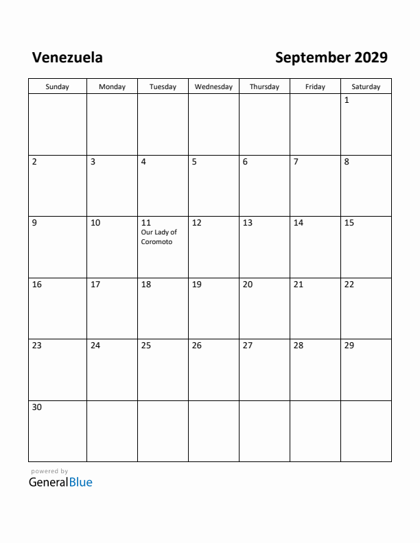 September 2029 Calendar with Venezuela Holidays