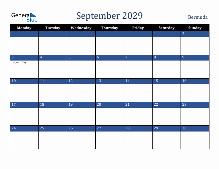 September 2029 Bermuda Calendar (Monday Start)