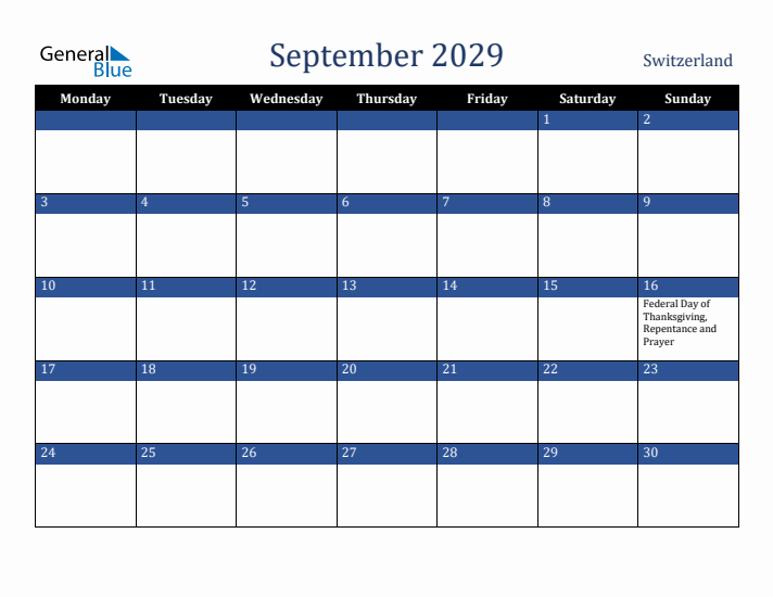 September 2029 Switzerland Calendar (Monday Start)