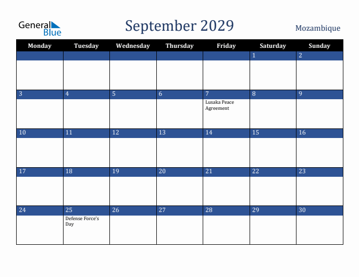 September 2029 Mozambique Calendar (Monday Start)