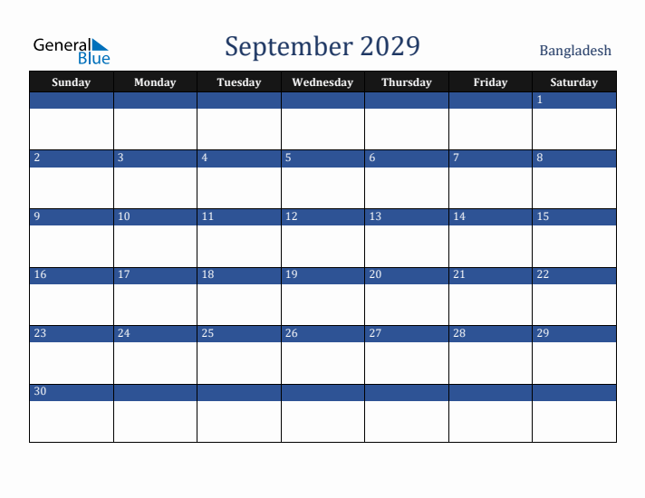 September 2029 Bangladesh Calendar (Sunday Start)