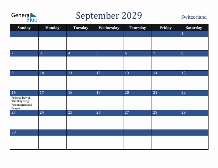 September 2029 Switzerland Calendar (Sunday Start)