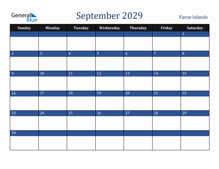 September 2029 Faroe Islands Calendar (Sunday Start)