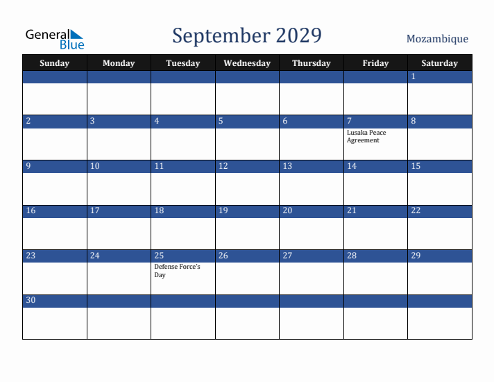 September 2029 Mozambique Calendar (Sunday Start)