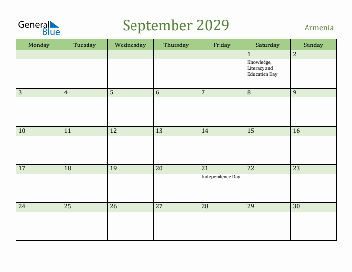 September 2029 Calendar with Armenia Holidays