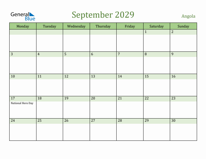 September 2029 Calendar with Angola Holidays