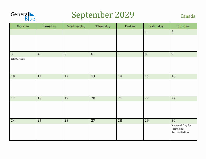 September 2029 Calendar with Canada Holidays